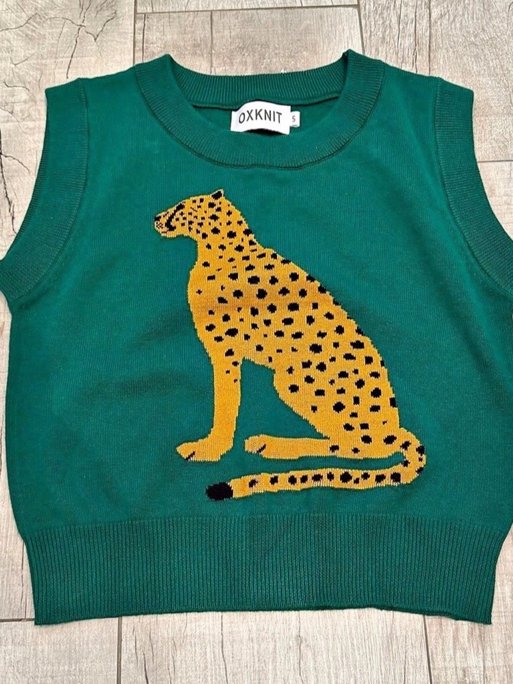 OXKNIT Womens Sz Small  Green Retro Cheetah Sweatervest